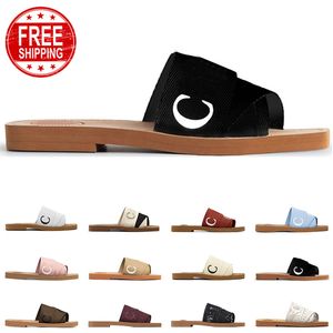 Gratis frakt Kvinnor Sandaler Designer Woody Mules Flat Slides Light Tan Beige White Black Red Spets Lokal Bokstäver Tyg Canvas Slippers Womens Summer Outdoor Shoes