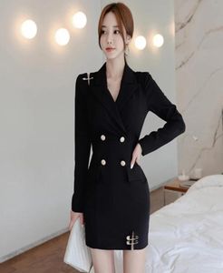 Autumn vintage entalhado com peito duplo elegante women039s Office Blazer Vestres Lápis Sleeve Bodycon Ladies Work Mini Dress Cas8035090