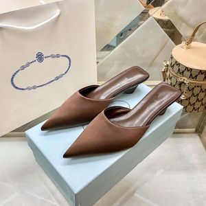 2024S Designer P slide heel sandal satin pumps Pointed-Toe Low-Heeled Mules low heels black brown satins leather lady designer sandals