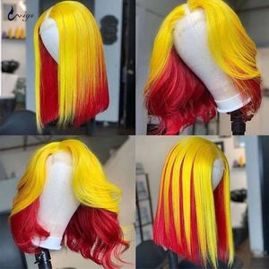 Amarelo vermelho reto de cor para mulheres bob peruca lace frontal perucas humanas pré -arrancadas