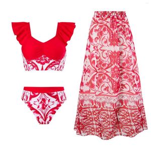 Women's Swimwear Ruffle High Waist 3 Pieces Sets Bikinis Skirt Dress Women 2024 Biqunis Red Floral Swimsuit Beach Bathing Suit Summer