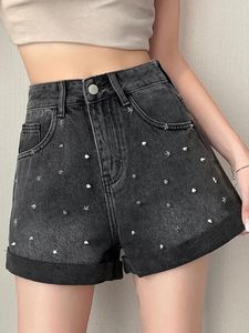 Dżinsy dżinsowe cekina elastyczna dżinsowa dżinsowa szczupła pasja szorty a-line 2024 Koreańskie ubrania modowe