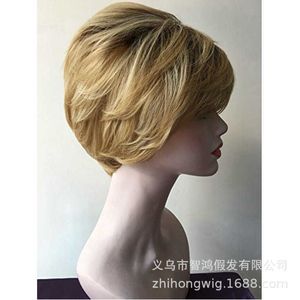 golden Fashion slanting bangs chemical wig short straight hair fiber whole top full head cover