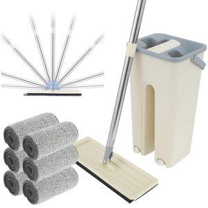 Mop and Bucket Set Wet Dry Use Floor Mops Adjustable Microfiber Flat with Stainless Steel Handle 6 Reusable Pads 240422