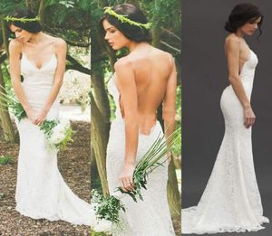 Sexy Boho Beach Lace Wedding Dress Spaghetti Straps Sheath Garden Bohemian Backless Summer Holiday Sheer Bridal Wedding Gowns5476193