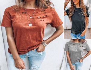 New Women039s TShirt Pullover round neck with holes loose Casual Short Sleeve7649436