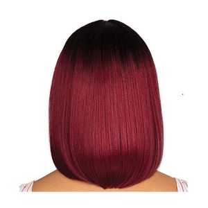 full New head wig black gradient red set split Bobo