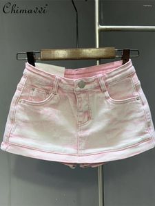 Kjolar koreansk stil mode rosa denim kjol kvinnor 2024 sommarkläder hög midja smal tjej anti-exponering mini mantel