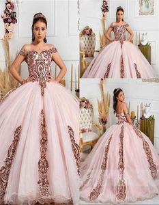 2021 Luxury Rose Gold Blush Pink Sequined Lace Quinceanera Dresses Ball Gown Puffy Off Shoulder Sequins Sweet 16 Party Prom Dress 2155464