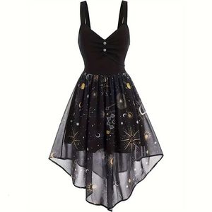 Plus Size Herbst Casual Dress Mond Sonne Print Kontrast Mesh Button Dekor V Hals Layered Sexy Black 240422
