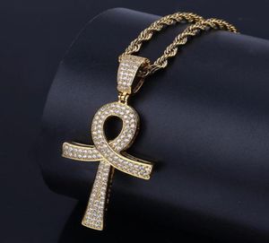 Hänghalsband egyptiska ankh -nyckelkorsar för män kvinnor guld silver färg cz kristall asfalterad bling ut hiphop -rapparen juvel3926842