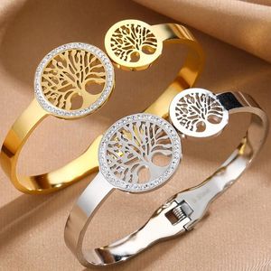Bangle 2024 Trendy Gold Color Zircon Tree Of Life Bracelet For Women Charm Crystal Stainless Steel Cuff Bangles Jewelry Gift