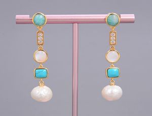 GuaiGuai Jewelry White Keshi Pearl shell Blue Turquoise Amazonite Drop Stud Earrings Handmade For Women Real Gems Stone Lady Fashi5245502