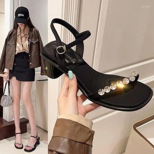 Sandals Rhinestone Women 2024 Summer Black Line Belt With Skirt High Heels All Match