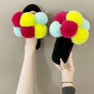 Slippers 2024 Autumn And Winter Spot Hair Women Word Ball Color Shoes Home Warm Big Size