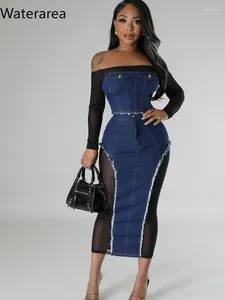 ワークドレスWaterarea Fashion Women Stecs Sept SheldMesh Long Sleeve Denim Crop Top and Bodycon Midi Maxi Skirt 2024 2 2ピース服