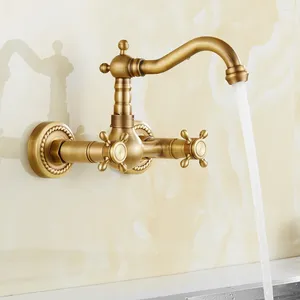 Kitchen Faucets Classical Brass Faucet Wall Mounted Dual Handle Holes Cold And Water Taps Rotatable Mixer Tap