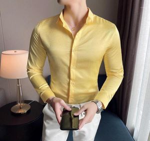 Camicie casual Men039s a quattro stagioni British Men Yellow Color Solid Sleeve Long Sleeve Slim scuro Camisa Masculina Blac7902052