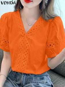 Kvinnors blusar Vonda 2024 Summer Blus Fashion Solid Color Lace Shirts V Neck Loose Tunic Tops Elegant Ol Short Sleeve Casual Blusas