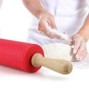 Bakningsverktyg Silikon Rolling Pin Rotating Roller trähandtag