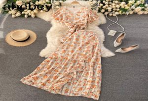 Women Summer Boho Blumenurlaubsanzüge gegen Nacken Kurzarm Tophigh Taille Rüsche Split Maxirock zweiteiliger Set 2105122626601