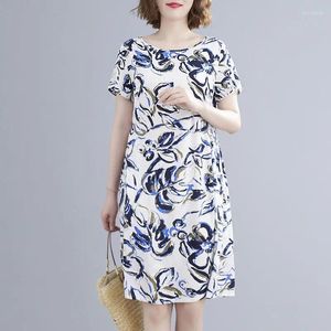 Party Dresses Fashion O-Neck Printing All-Match Folds Short Sleeve Dress Women's Clothing 2024 Summer Loose Office Lady Floral