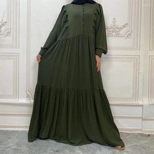 Etniska klädkvinnor Lång chiffong sommarklänning Muslimsknapp Indien Arabiska Dubai Abaya Turkiet Kaftan Sleeve Solid Color Loose A-Line