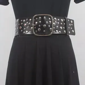 Belts Women's Fashion Black Genuine Leather Rivet Punk Cummerbunds Female Dress Corsets Waistband Decoration Wide Belt R260