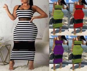 Sexig Stripe Beach Dress Women039S ärmlös Slim Dress See Through BodyCon Evening Party Club Striped Maxi7742432