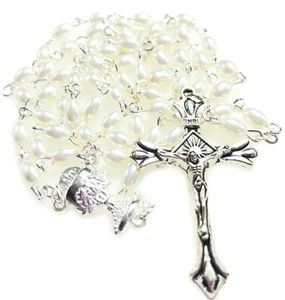 5pcset mini Белый 64 -миллиметровый стеклянный овальный жемчужный бусин католический росарио милый жемчужный ожерелье с розарием Центр 7949875