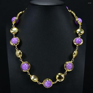 Pendant Necklaces GG 18mm Round Purple Jade Gold Plated Brushed Beads Necklace 18'' Four Seasons Chocker Handmade Lady Gifts