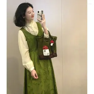 Work Dresses Autumn Set Unique Sweet Girl Apricot Long Sleeve Blouse Lotus Leaf Green Tank Top Dress Two Piece Women Outfits