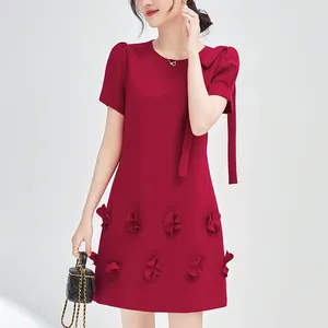 Vestidos de festa elegantes para mulheres 2024 Summer Bow Manga curta Office Lady Lady Fashion Dress Clothing Red Red Black