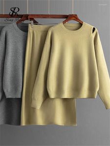Sukienki robocze Singreiny jesienne ciepłe dzianiny 2024 puste luźne pulovery elastyczne długie spódnica swobodna domowa noszenie Sweter dwa kawałki zestawy