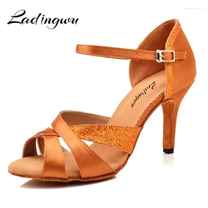 Dance Shoes Ladingwu Latin Woman Salsa Satin And Glitter Ballroom Party For Women Brown Dancing Heels 10cm