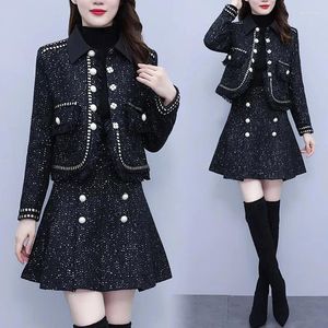 Arbeitskleider 2024 Frühling Herbst Wolljacke Kurzer Rock Zweiteiler Frauen fashion lose übergroße 5xl Long Sleeve Chic Casual Suits