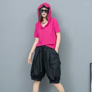 Women's Pants 2PCS Womens Summer Set Female Plus Size Short Lace Spliced Hooded Tees Waist Matching Trousers Kit