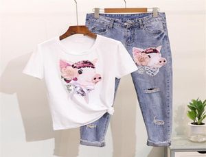 2019 Summer Women Beading Cartoon Pig T Shirts Jeans Suits Casual Short Sleeve Sequins Tshirt Calflength Hole Denim Pants Set22747527611