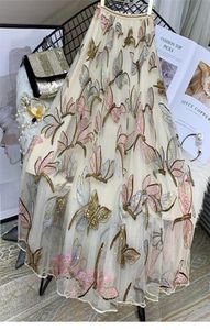 Sequin Mesh Embroidery Dragonfly Long Skirt Women039s Spring And Summer Slim High Waist Pleated Sweet Midi Tulle Skirts Female 1716780