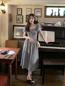 Party Dresses Summer Square Collar Plaid Women Dress Fashion All-Matching Slim Fit Short Sleeve Temperament A-line Simple Cozy Female Frocks