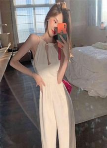Sexy Halter Sleeveless JumpsuitsRompers White Casual Jumpsuits Women Summer Temperament High Waist Loose Straight Hollow Out 21047666494