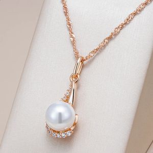 Kinel Luxury 585 Rose Gold Color Pendant Necklace for Women Unique Geometric Pearl Bride Daily Fine Jewelry 2024 240429