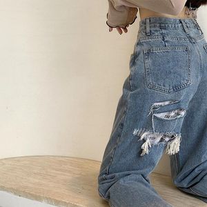 Jeans femininos estilo coreano Baggy Blue OpenWork Design Summer feminino Y2K High Wistion Troushers Fashion Patchwork calças jeans de jeans