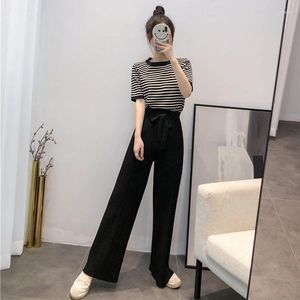 Frauen zweisteuelhafte Hosen Retro Hongkong Stil Set Striped O-Neck Kurzärmele Tops Elastic Wide Lein 2 Frühlings Sommer 2024