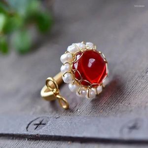 Anel de água doce de água doce natural do cluster Ring Red Stone Manual para mulheres Moda Moda Jóias de abertura simples