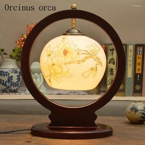 Table Lamps Chinese Antique Creative Ceramic Lamp Bedroom Bedside American Pastoral Flower Painting Solid Wood Desk