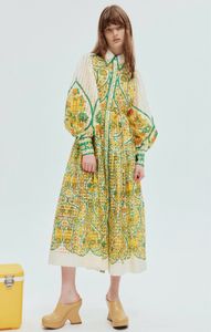 Spring and Autumn New Retro Palace Style Flip Neck Lantern Sleeves Single breasted Flower Printed Ruffle Edge Spliced Dress