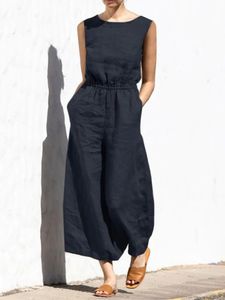 Baumwoll- und Leinen und Overall Frauen Feste Farbhülsen und Tasche hohe Taille Wide Legs Overalls Casual Pendel Damen Bodysuits 240429