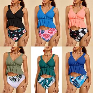 Women's Swimwear Sexy High Waist Bikini Women Leaf Print Ruffle Bathing Suit Pad Swimsuit Brazilian Biquini Push Up Patchwork Black