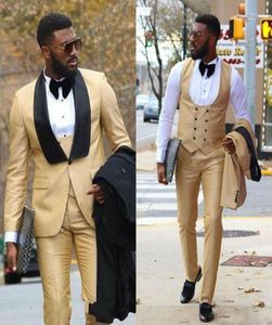 Chic Gold Three Pieces Mens Prom Suits Groomsmen Wedding Tuxedos for Men Blazers Shawl Lapel One ButtonフォーマルスーツジャケットPA6597476